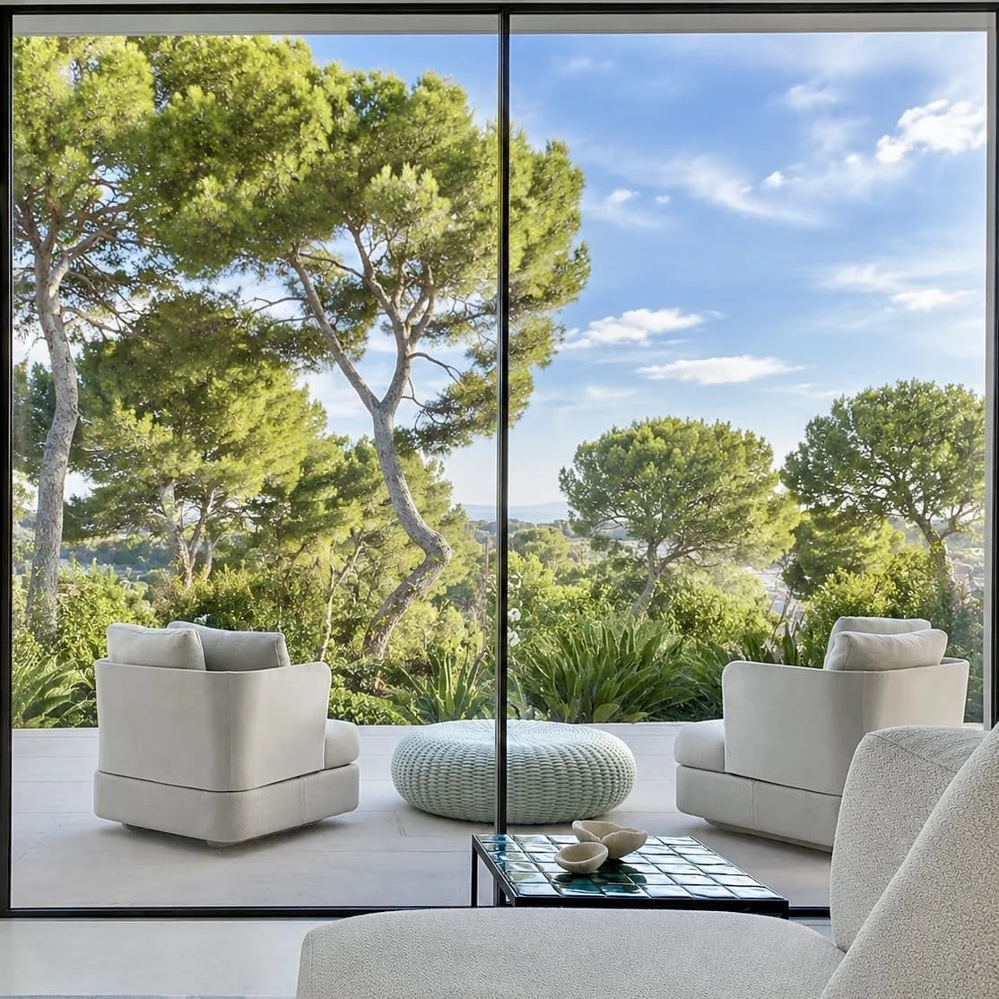 Vue d'une terrasse avec deux fauteuils blancs, un pouf rond en rembourrage tissé, et un petit meuble avec des coquilles, avec vue sur un paysage avec des arbres et un ciel bleu avec quelques nuages.