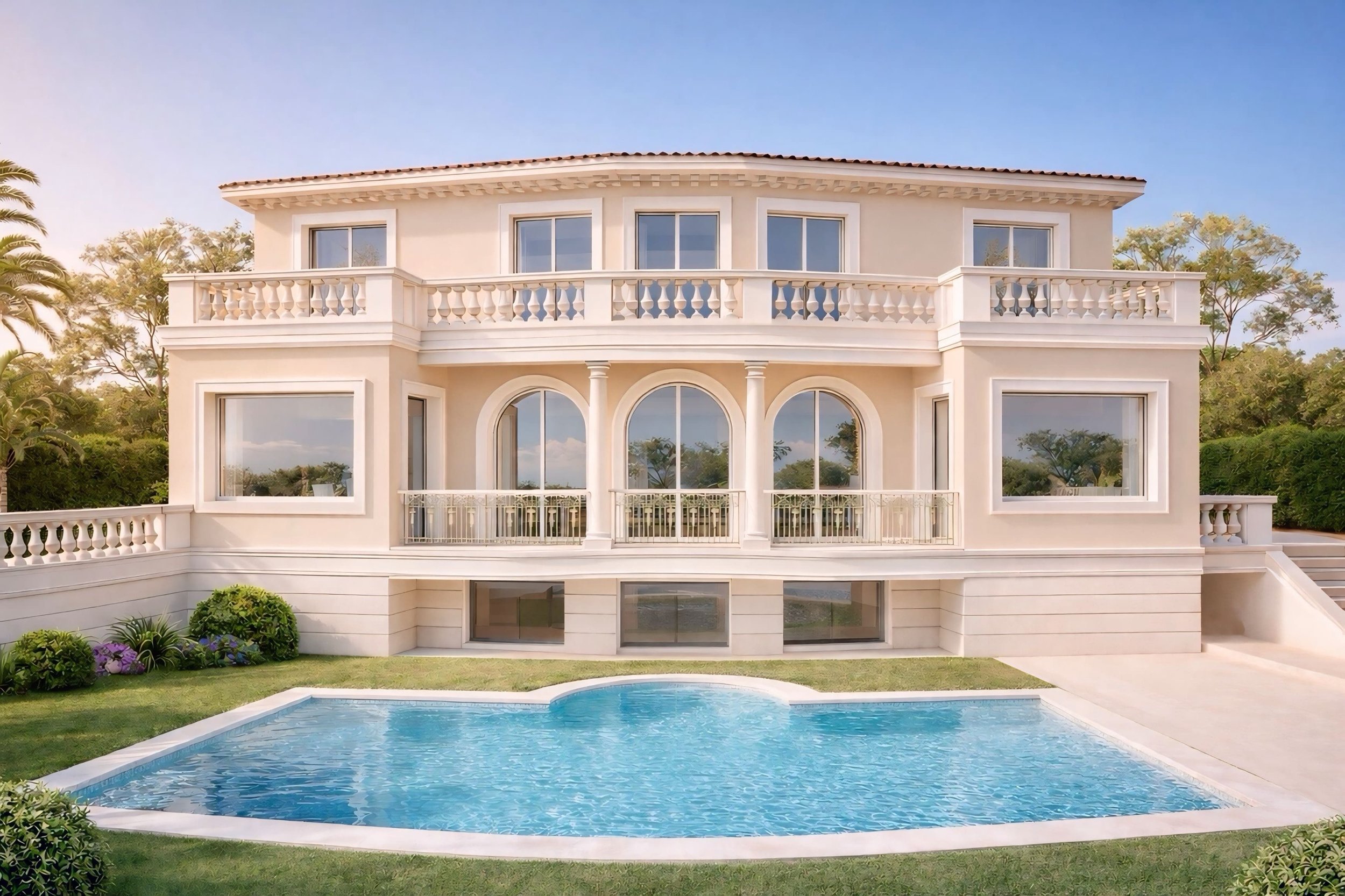 Grande maison blanche à plusieurs niveaux avec une piscine devant, entourée d'arbres et de jardin, sous un ciel bleu clair.