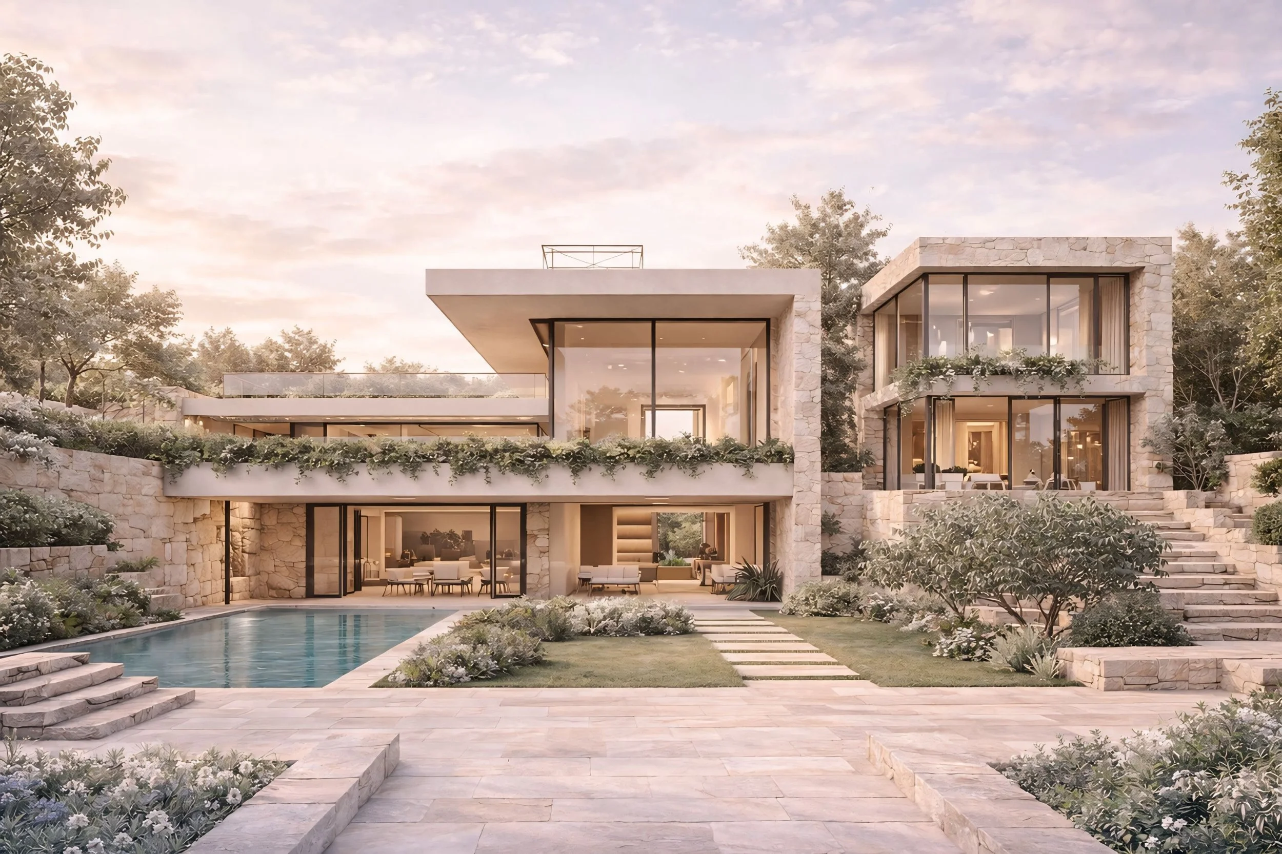 Vue d'une maison moderne en pierre avec grandes fenêtres, piscine et espace extérieur paysagé, au coucher du soleil.
