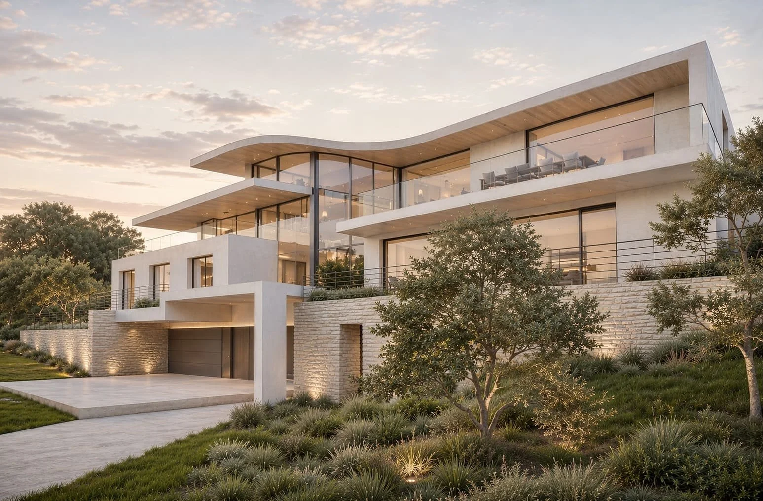 Une maison moderne à plusieurs niveaux avec de grandes fenêtres et balcons, entourée de végétation et éclairée par un éclairage extérieur subtil, au coucher du soleil.