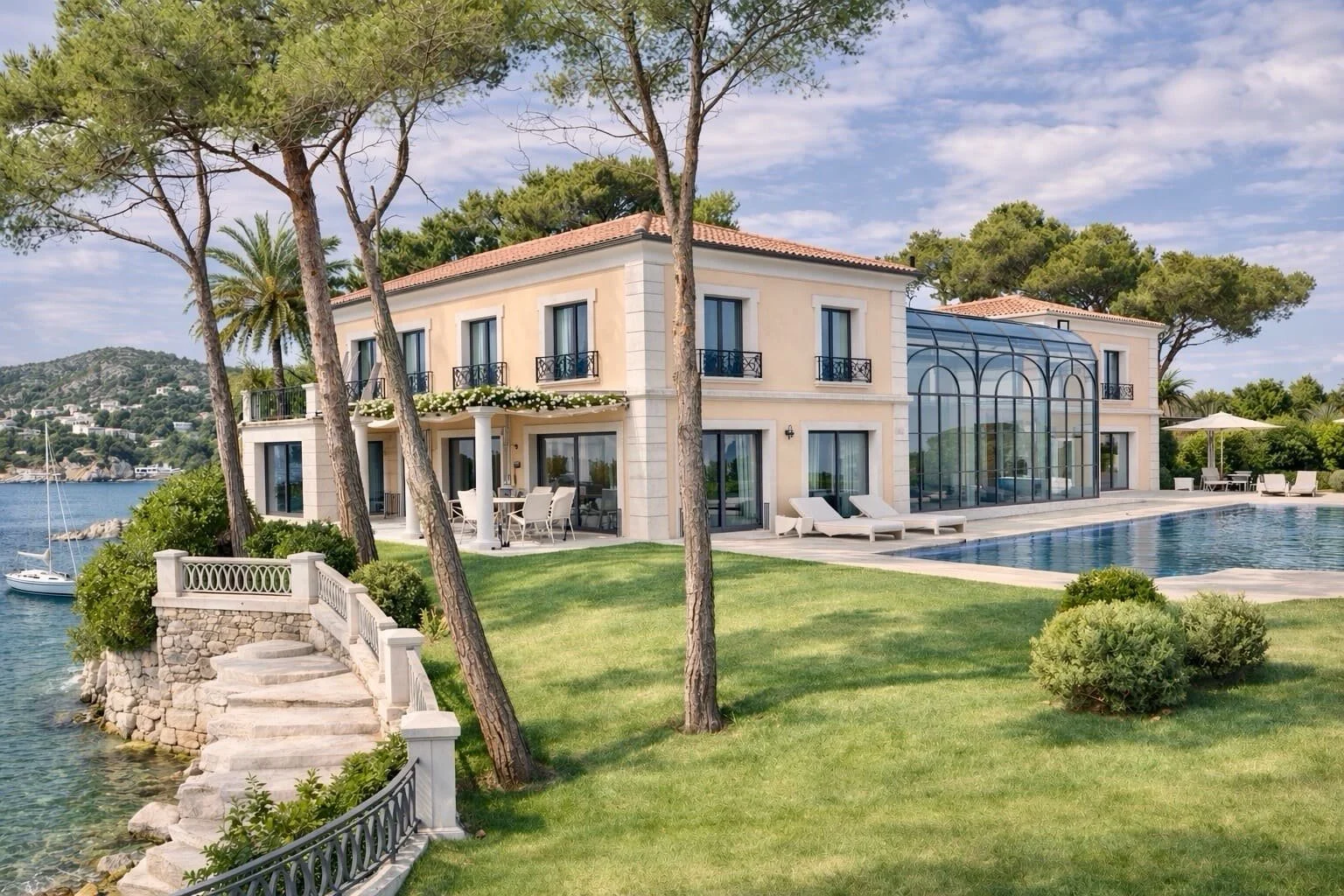 Villa moderne avec piscine au bord de l'eau, entourée de palmiers et de sapins, avec un terrain en pelouse et un mobilier de jardin.