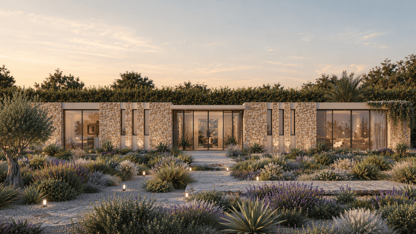 Une maison moderne en pierre avec de grandes fenêtres, entourée d'un jardin de plantes et de fleurs, sous un ciel au coucher du soleil.