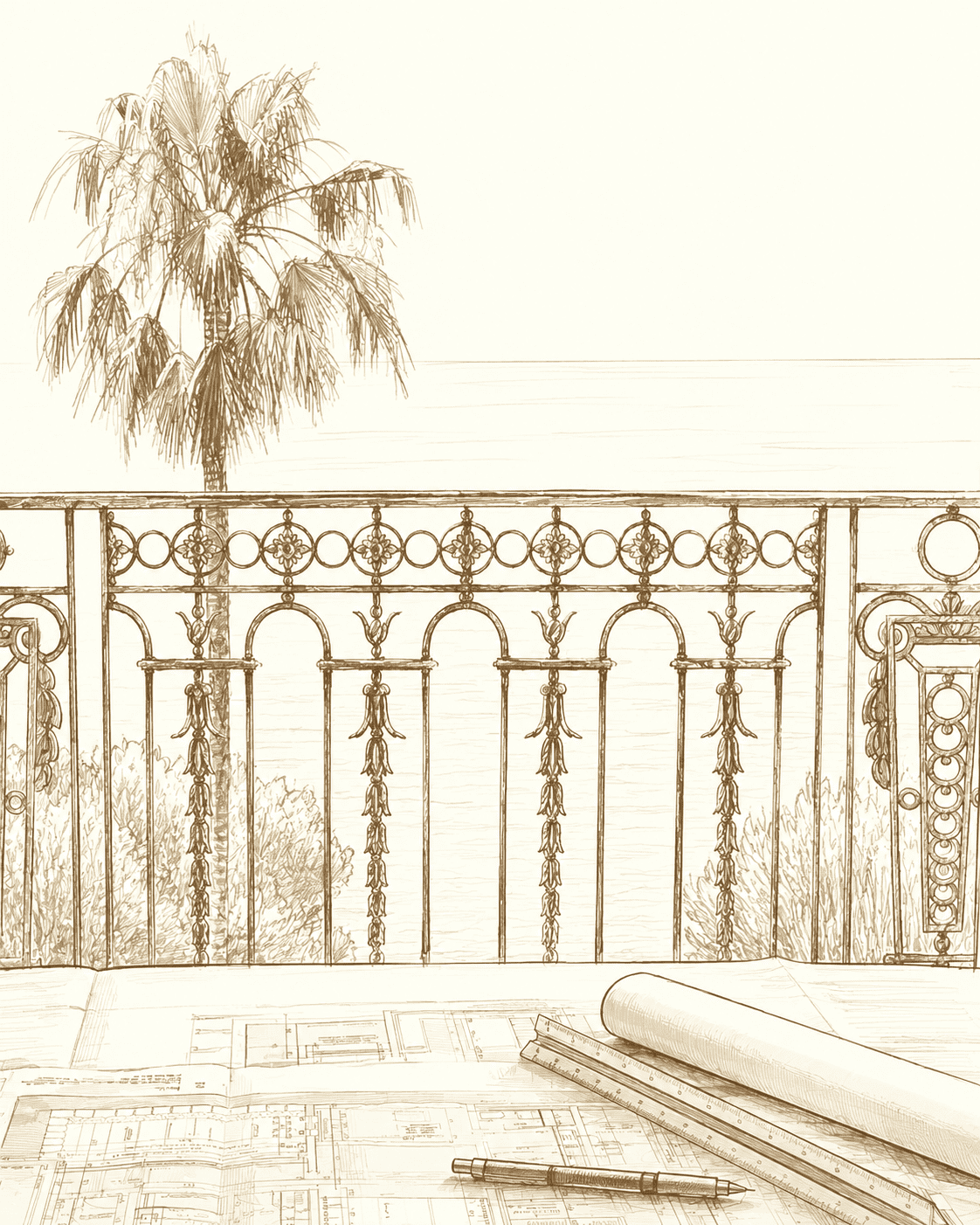 Croquis d'une terrasse avec une balustrade en fer forgé, un palmier en arrière-plan et des plans d'architecture sur une table avec un crayon et une règle.