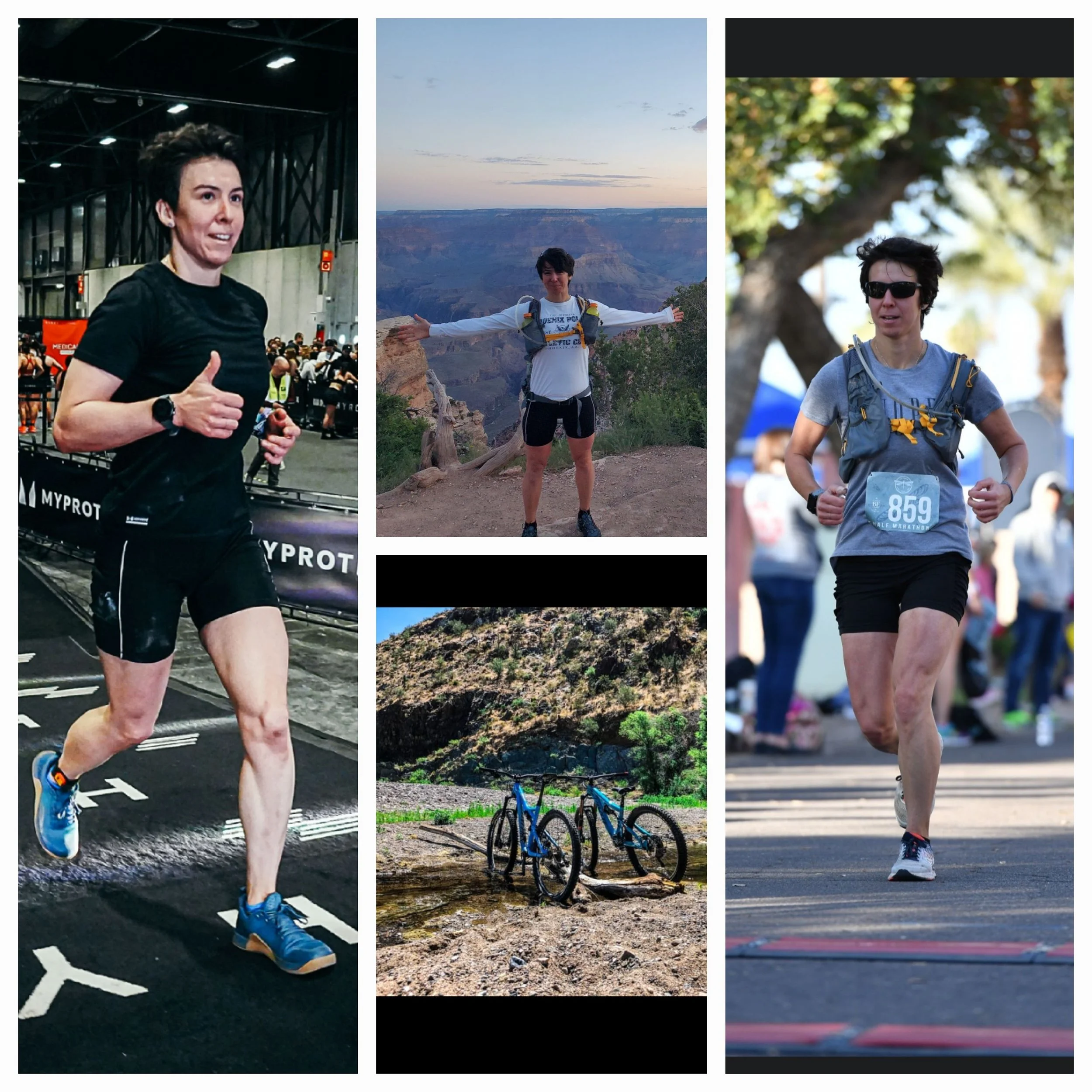 Collage of three photos of runners: a woman running indoors, a woman standing on a canyon overlook, and a man running outdoors with trees and a crowd in the background.