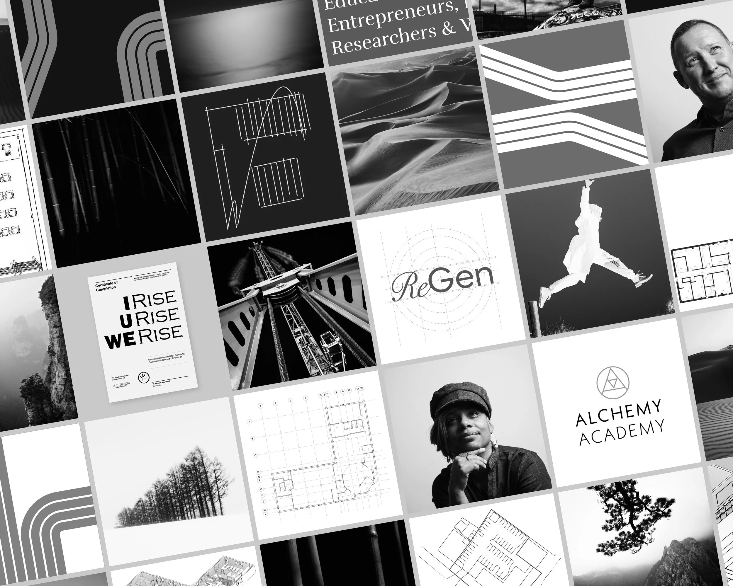 A collage of various black and white images and graphics, including people, architectural plans, landscapes, and scientific illustrations.