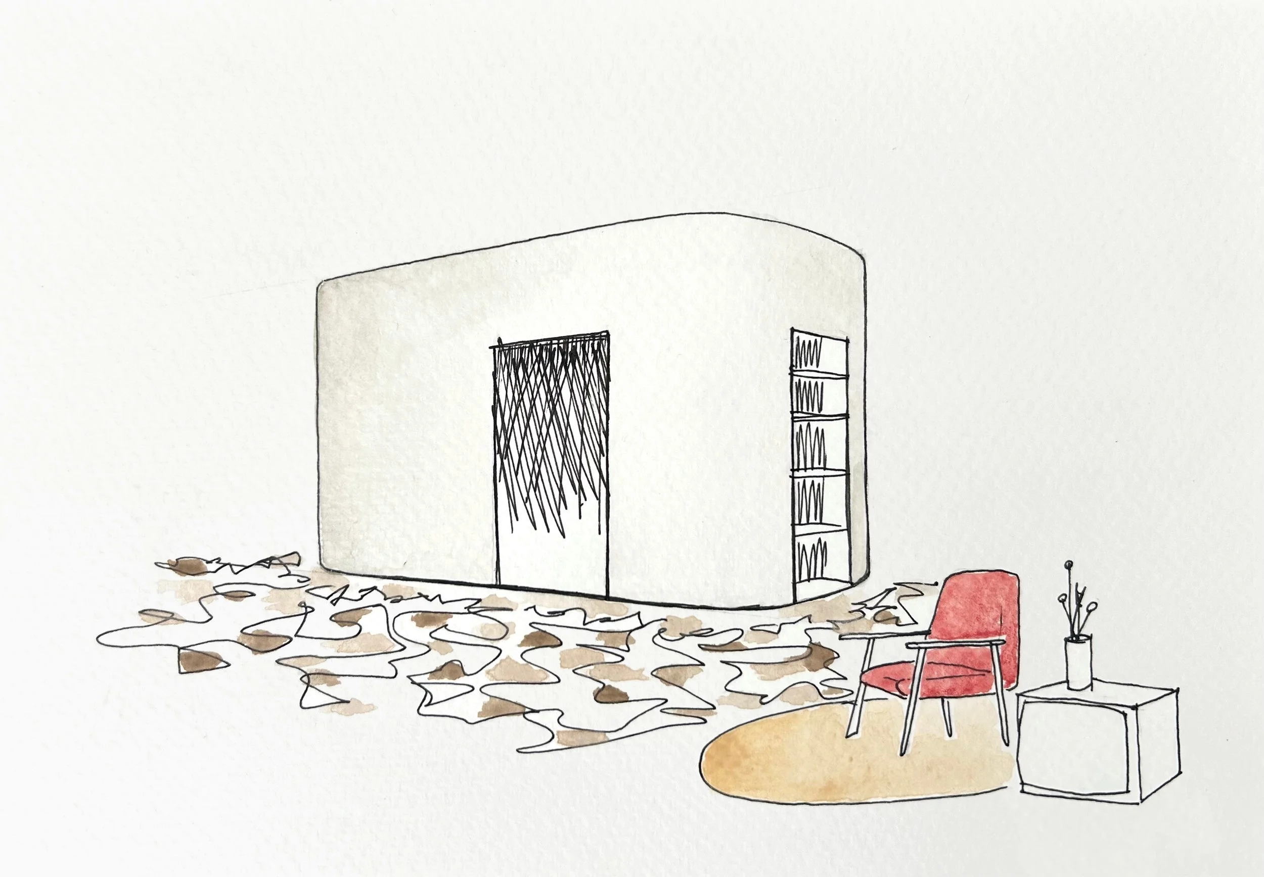 A simple line drawing with watercolor accents of a minimalist interior scene. It features a large, dark-shaded door or window on a plain wall, a tall bookshelf to its right, a cozy red armchair with a small table and a potted plant beside it, and a colorful patterned rug on the floor.