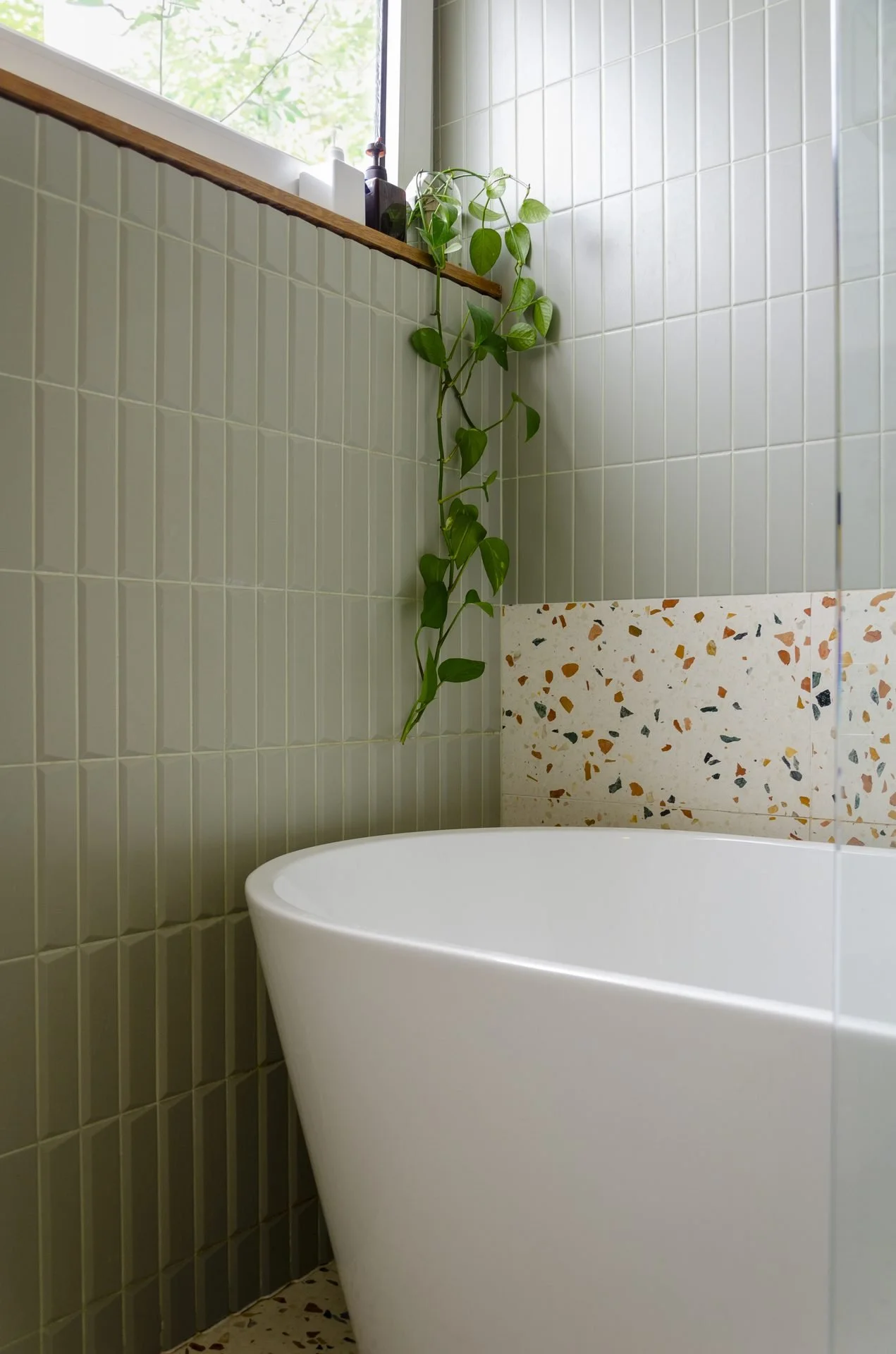 A freestanding white bathtub in a bathroom with green tiled walls, a plant hanging over the tub, and a window with sunlight filtering through.