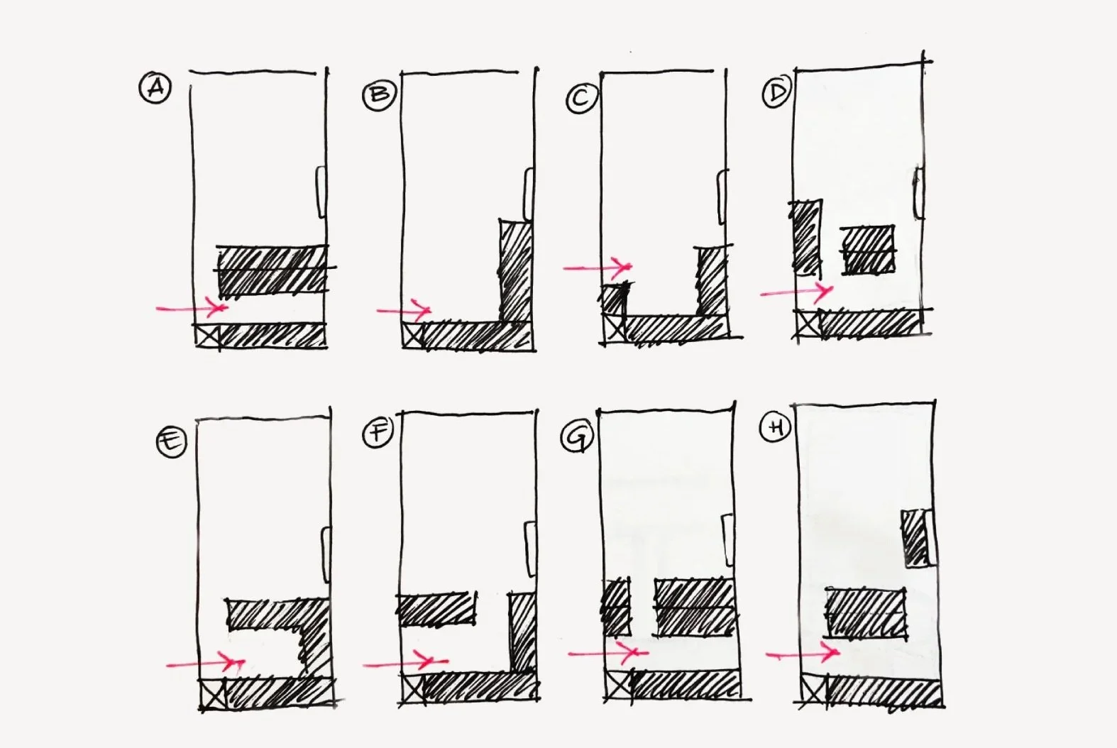 Hand-drawn diagram showing eight different patterns of shaded and unshaded sections within rectangles labeled A through H, with red arrows indicating directions.
