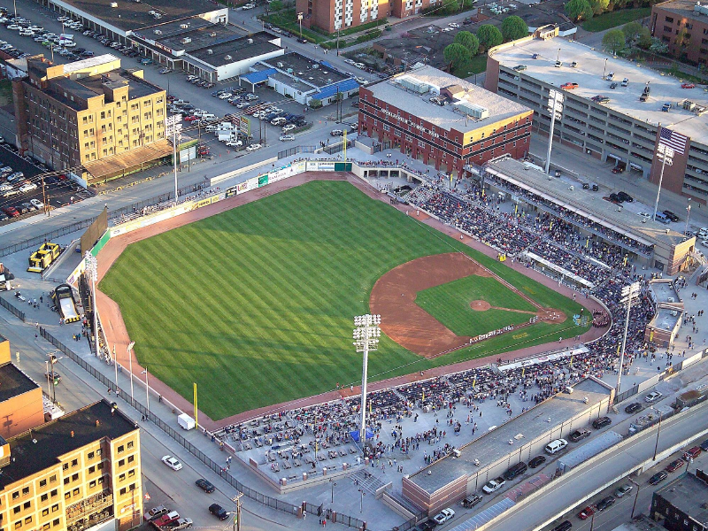 Aerial view of Appalachian Power Park baseball stadium in Charleston, West Virginia.