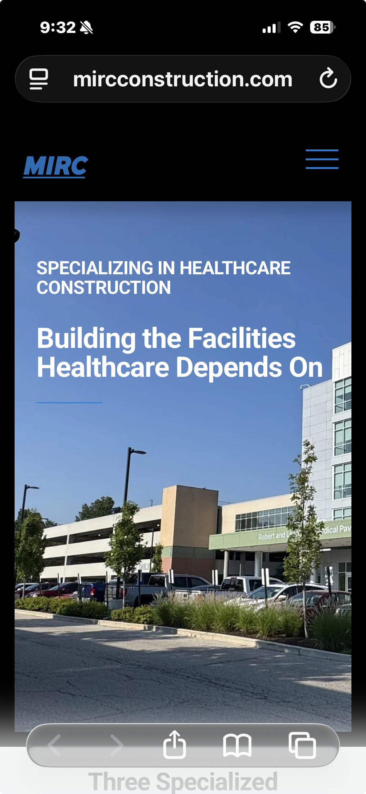 Mobile view of the MIRC Construction Services website highlighting healthcare construction in West Virginia.