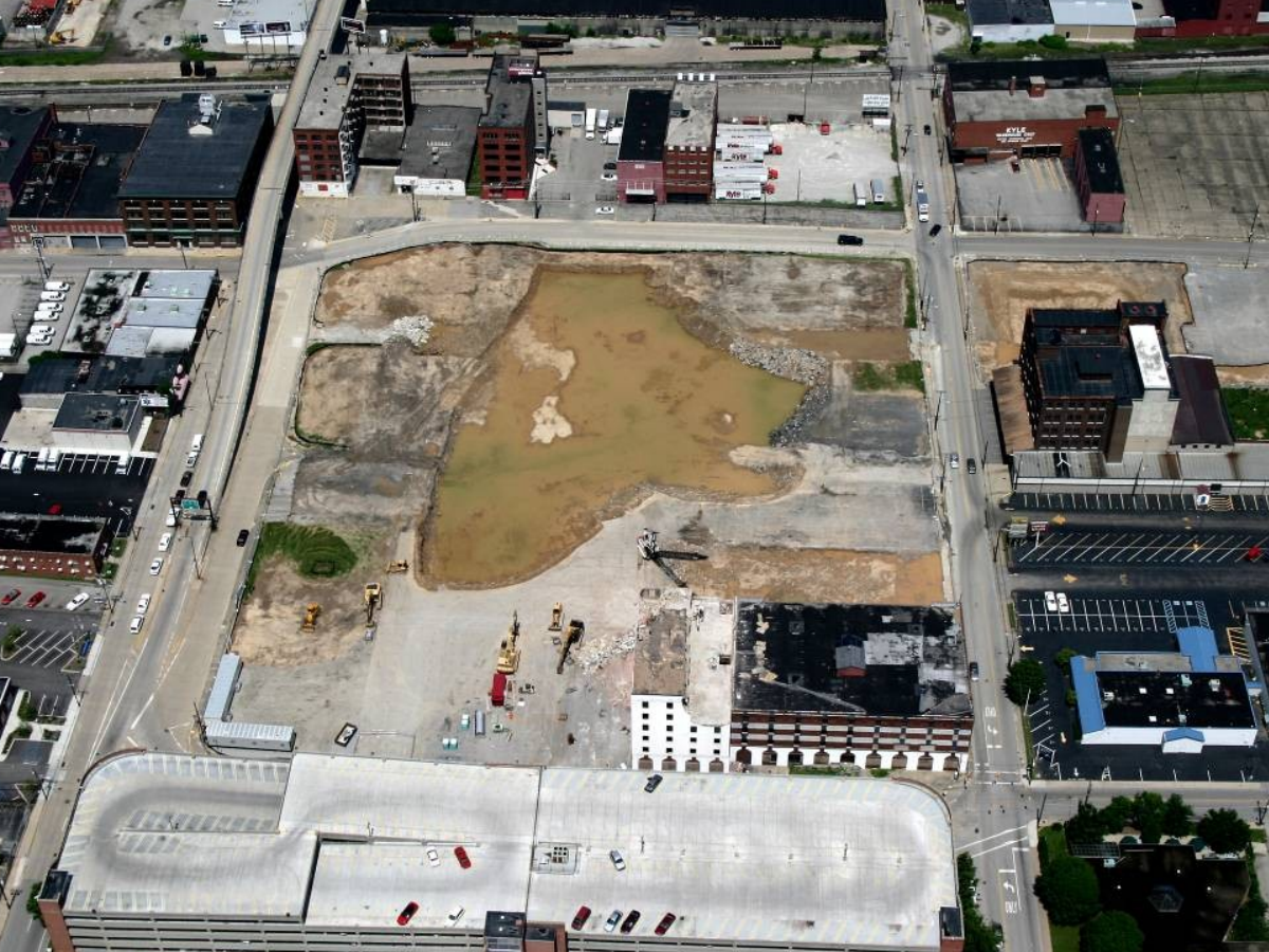 Aerial view of Appalachian Power Park baseball stadium construction  in Charleston, West Virginia.