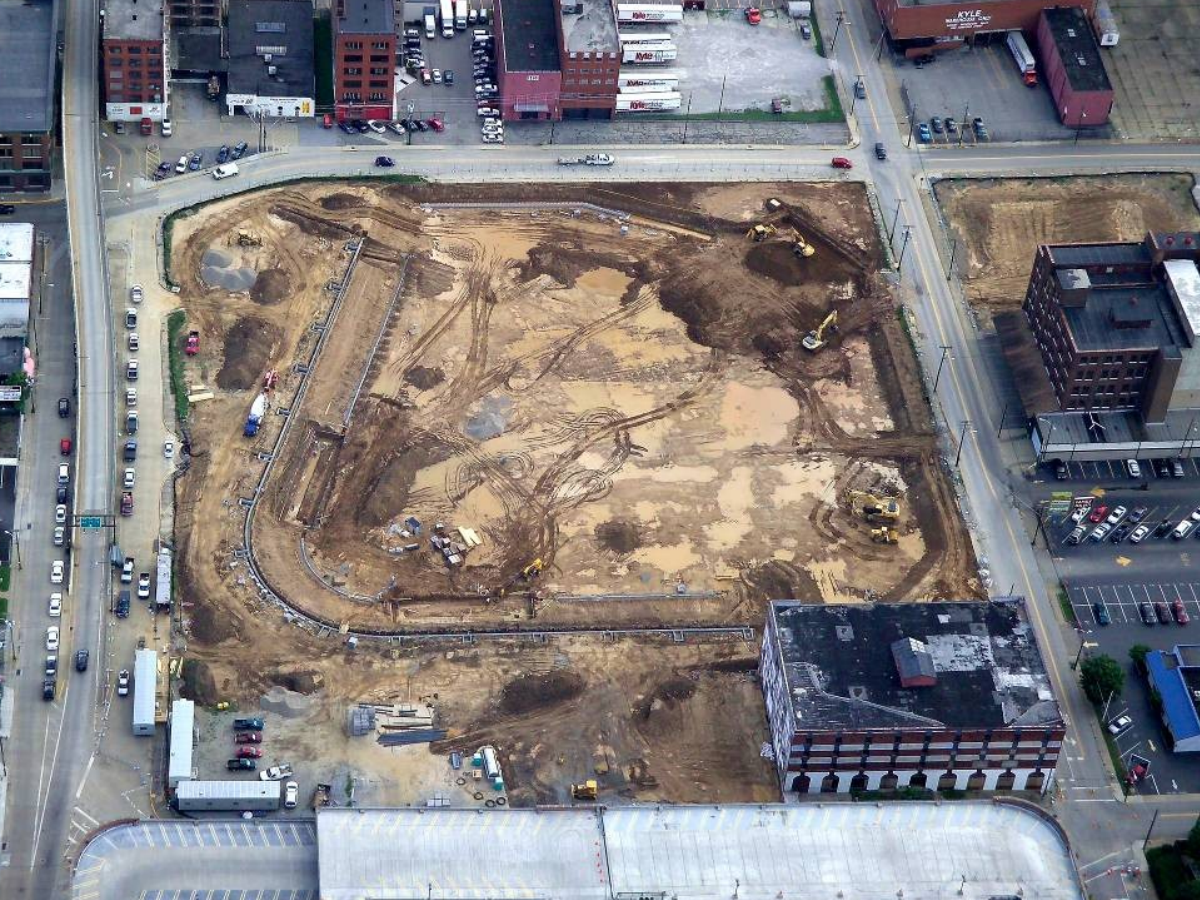 Aerial view of Appalachian Power Park baseball stadium construction  in Charleston, West Virginia.