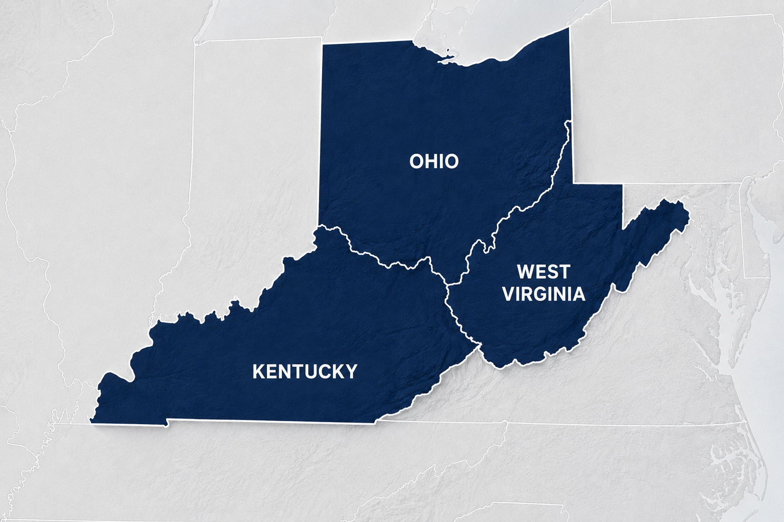 Map of the Ohio Valley region highlighting Ohio, West Virginia, and Kentucky in dark blue.