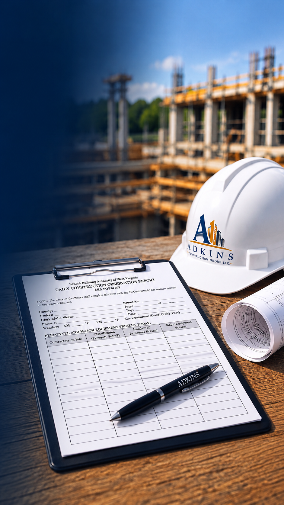Construction plans, project documentation and Adkins Construction Group hard hat at an active construction site.