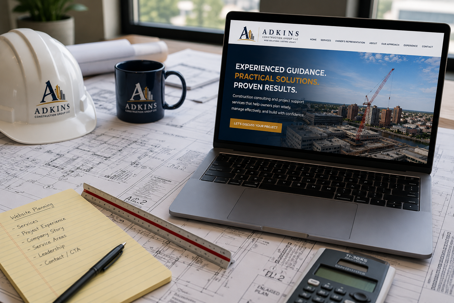 Construction website development workspace with construction drawings, hard hat, Adkins Construction Group branding, and a laptop displaying a professional construction company website design
