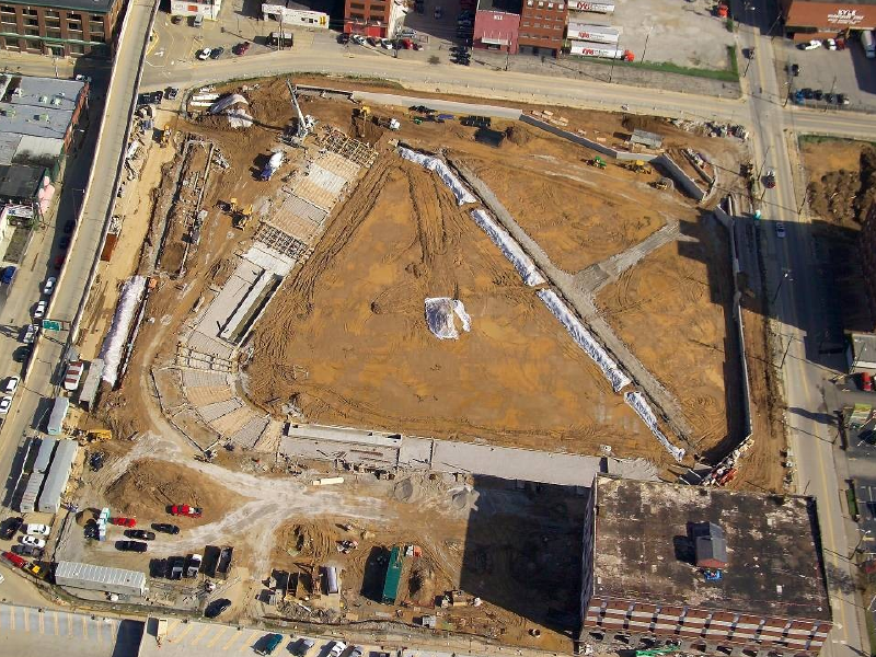 Aerial view of Appalachian Power Park baseball stadium construction  in Charleston, West Virginia.