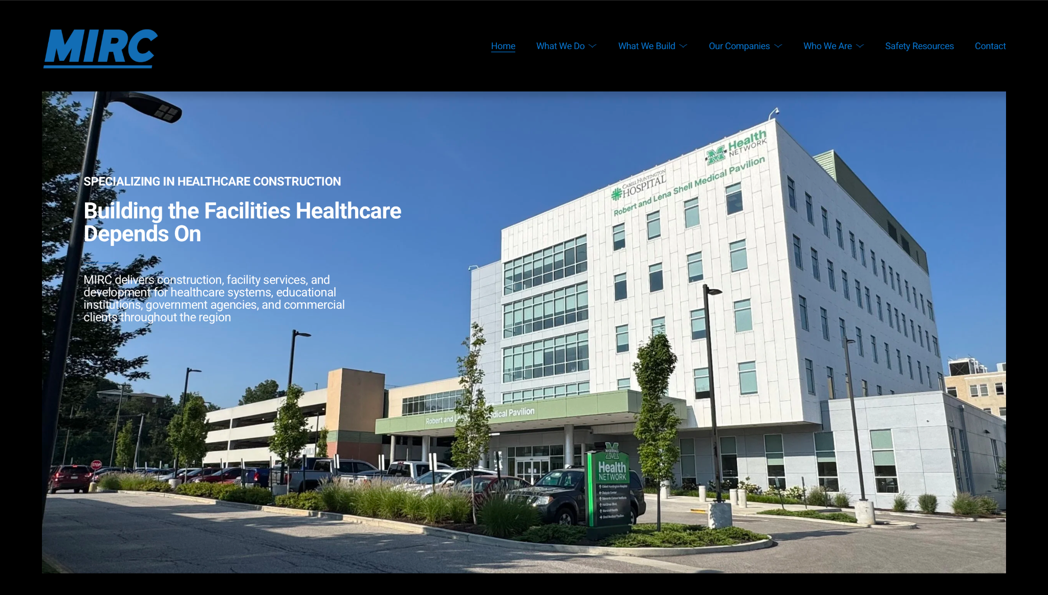MIRC Construction Services website featuring the Robert & Lena Shell Medical Pavilion in Huntington, West Virginia.