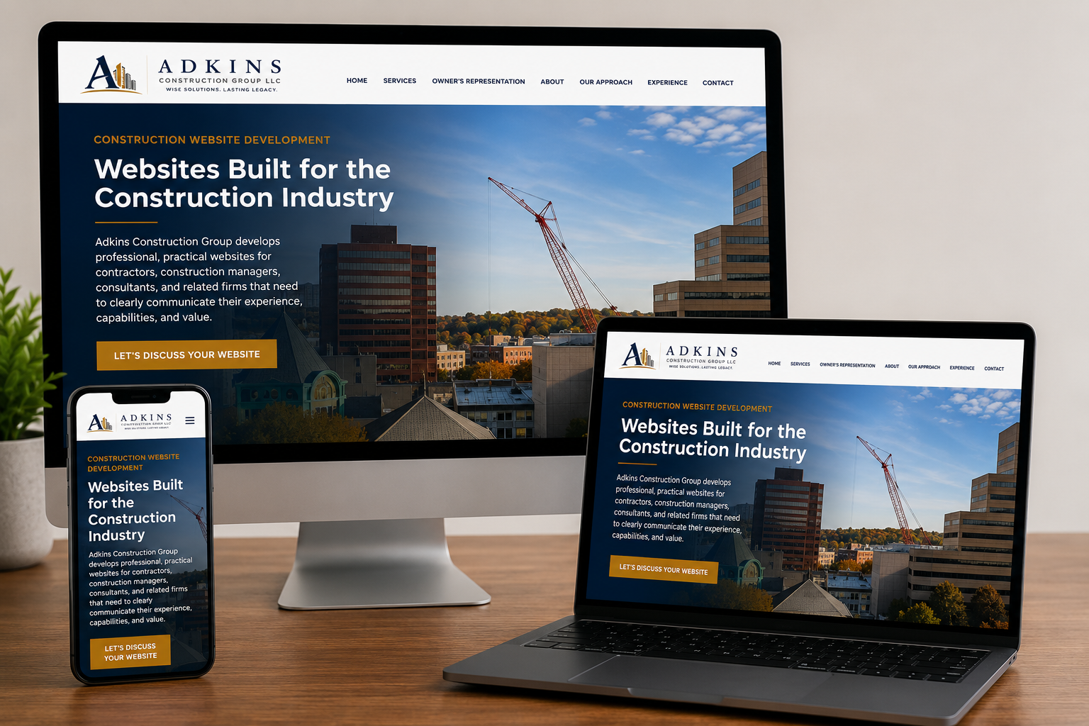 Responsive construction company website displayed on desktop, laptop, and mobile devices, illustrating professional construction website development by Adkins Construction Group