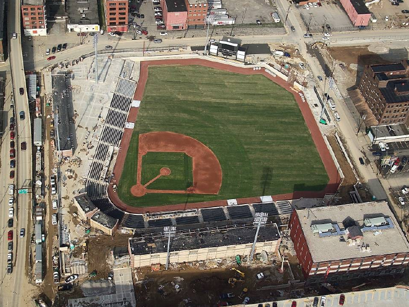 Aerial view of Appalachian Power Park baseball stadium construction  in Charleston, West Virginia.