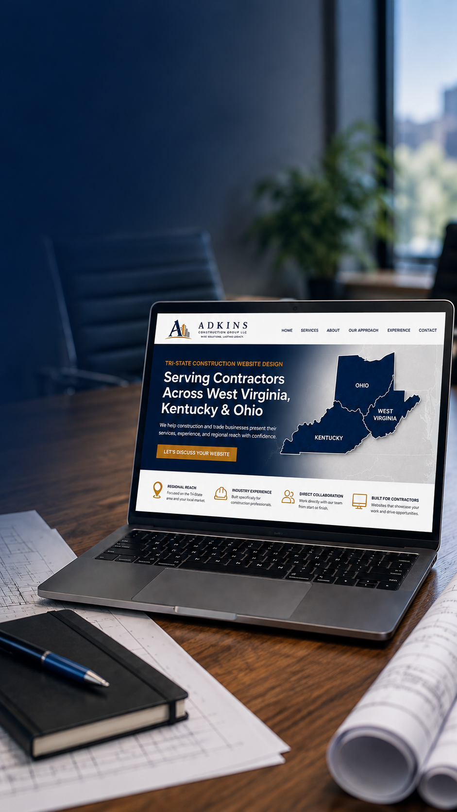 Adkins Construction Group construction website displayed on a laptop, highlighting services across West Virginia, Kentucky and Ohio