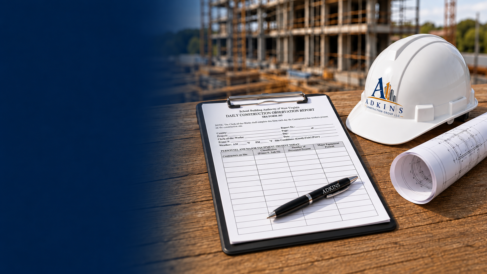 Daily construction report, blueprints and Adkins Construction Group hard hat on a jobsite table