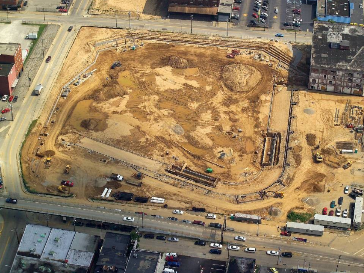 Aerial view of Appalachian Power Park baseball stadium construction  in Charleston, West Virginia.