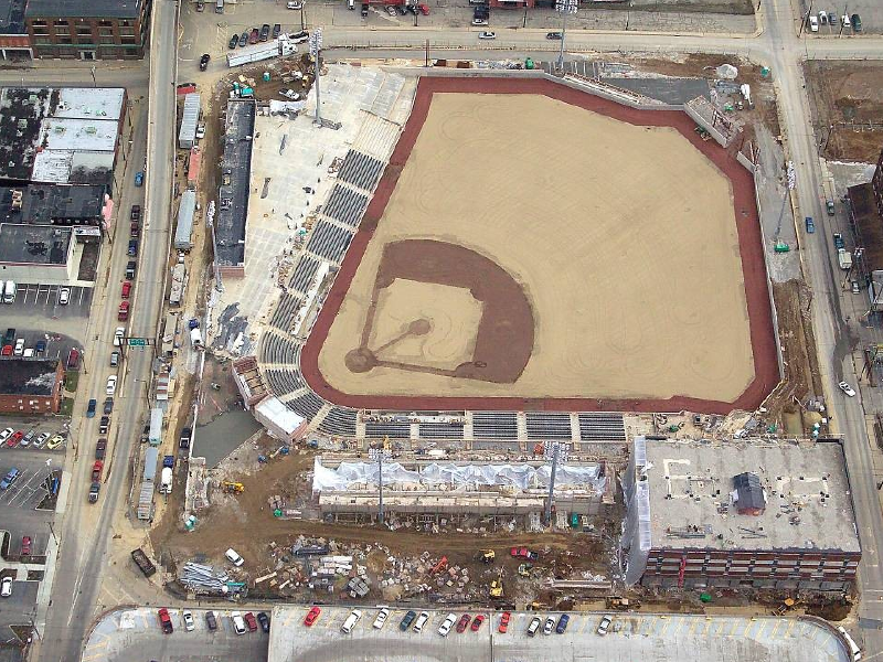 Aerial view of Appalachian Power Park baseball stadium construction  in Charleston, West Virginia.