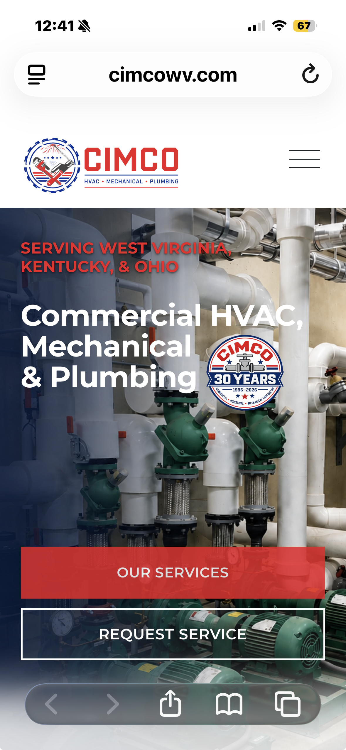 Screenshot of CIMCO website on mobile showcasing HVAC, mechanical, and plumbing services in West Virginia, Kentucky, and Ohio, with an industrial image of pipes and machinery.