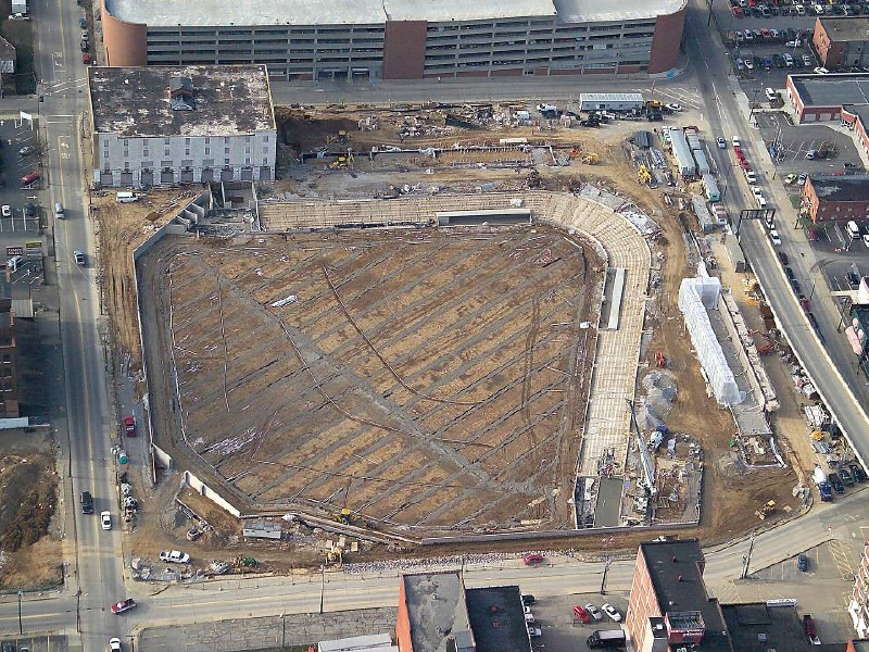Aerial view of Appalachian Power Park baseball stadium construction  in Charleston, West Virginia.