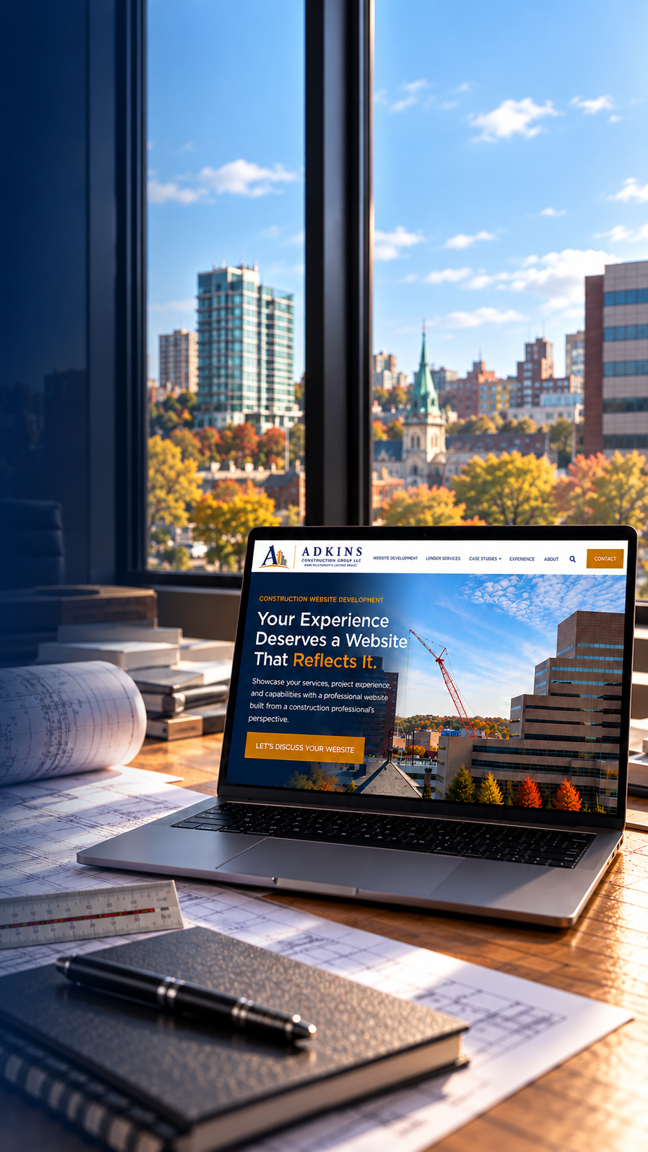 Laptop displaying the Adkins Construction Group website on a desk with construction plans and a city skyline in the background