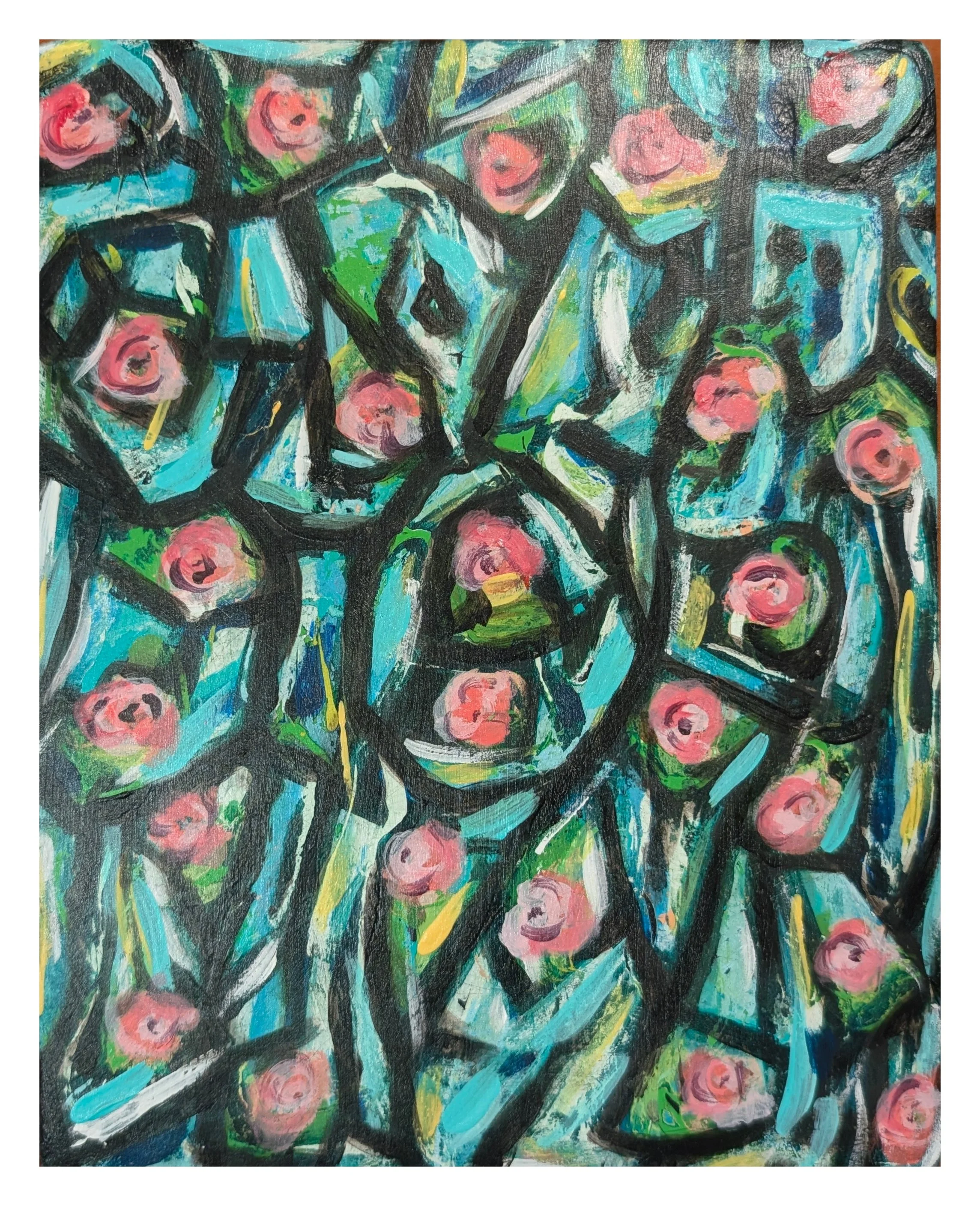 Trelis of Roses, acrylic on wood, 10x12", 2026