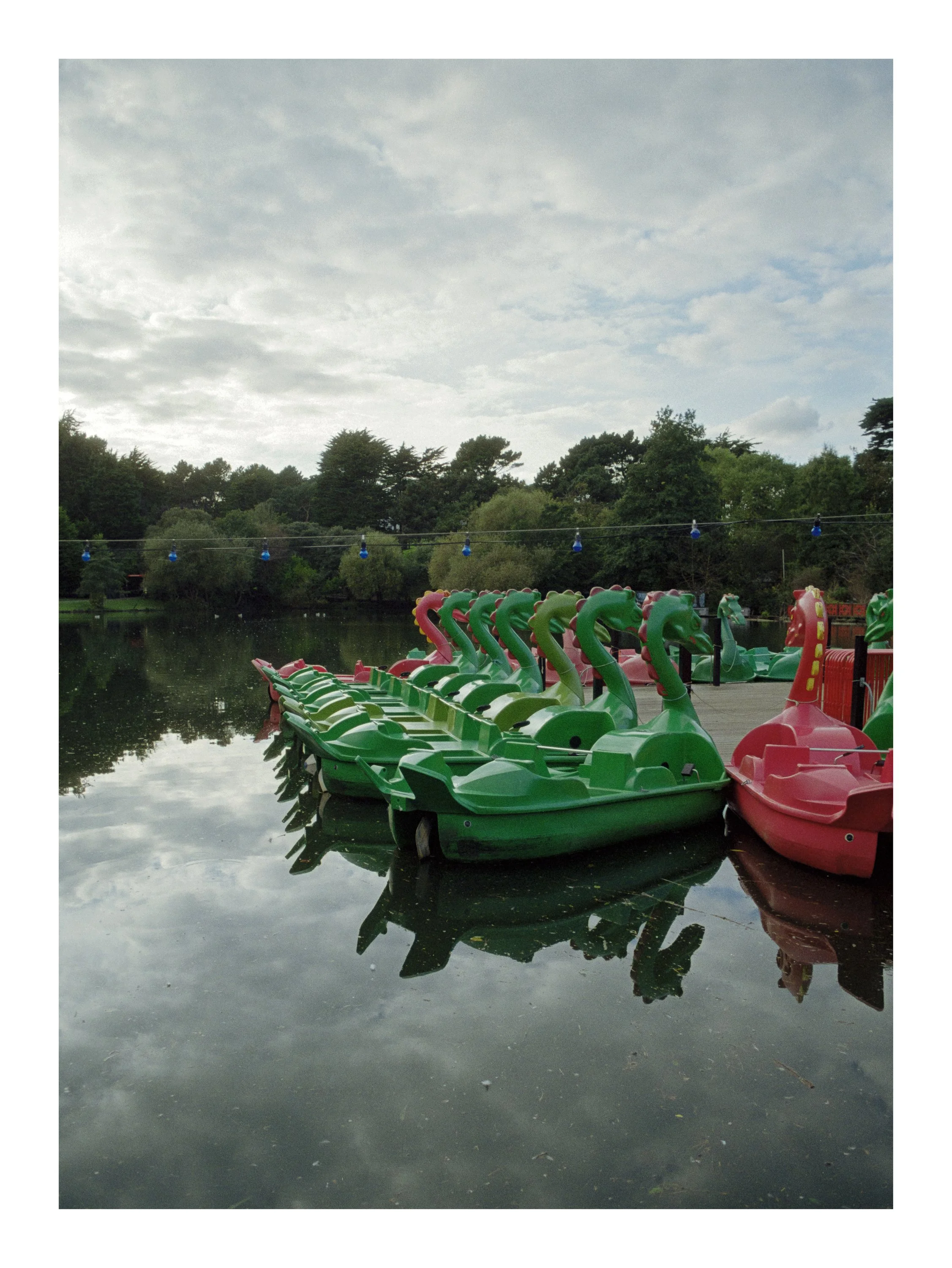 Colorful paddle boats shaped like frogs docked by a lake, with trees in the background and string lights overhead, on a cloudy day.