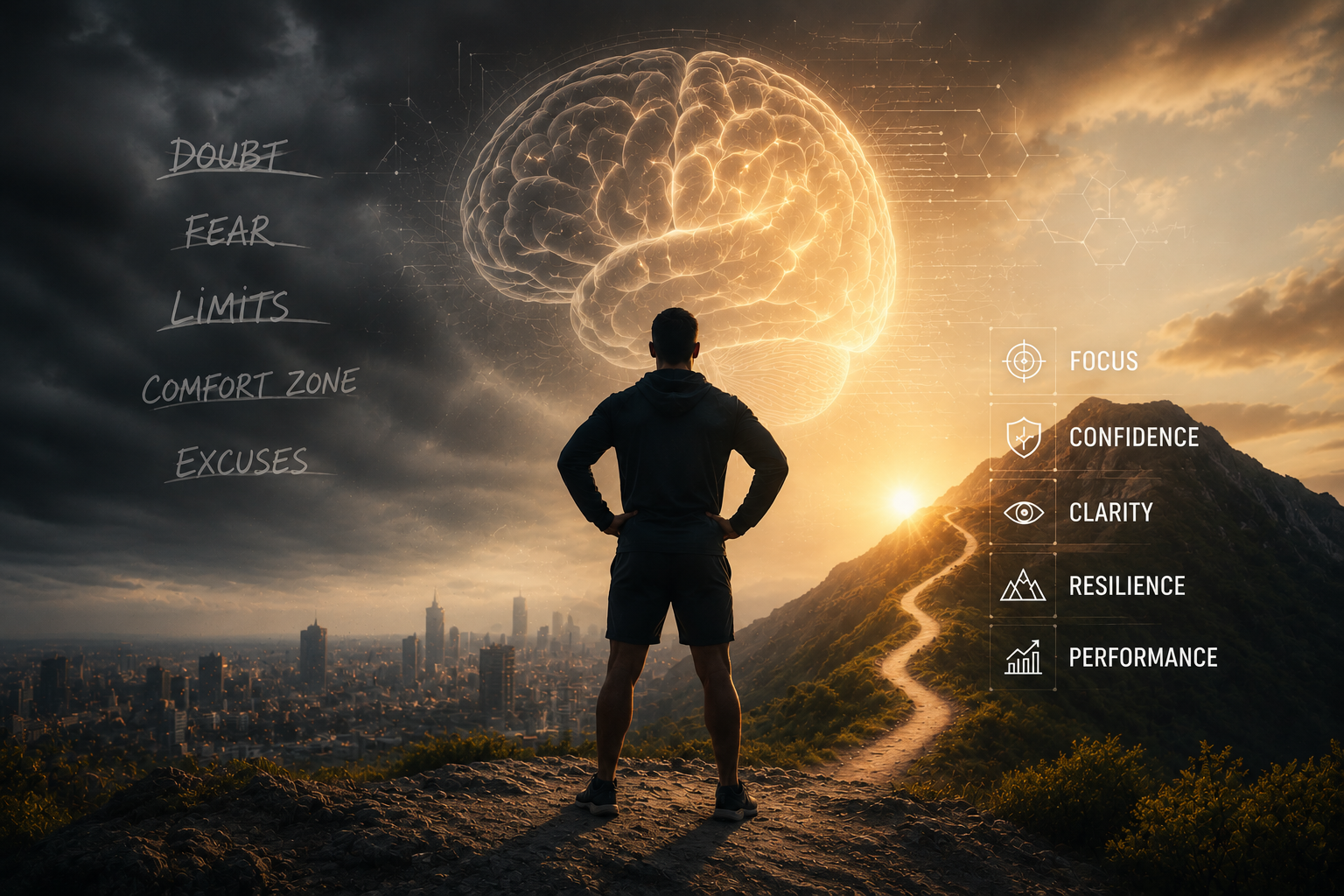 A man standing on a mountain overlooking a cityscape at sunset with an illuminated brain image floating in the sky behind him. Text on the image includes motivational words like 'Double', 'Fear', 'Limits', 'Comfort Zone', 'Excuses' on the left, and on the right, icons and words 'Focus', 'Confidence', 'Clarity', 'Resilience', 'Performance'.