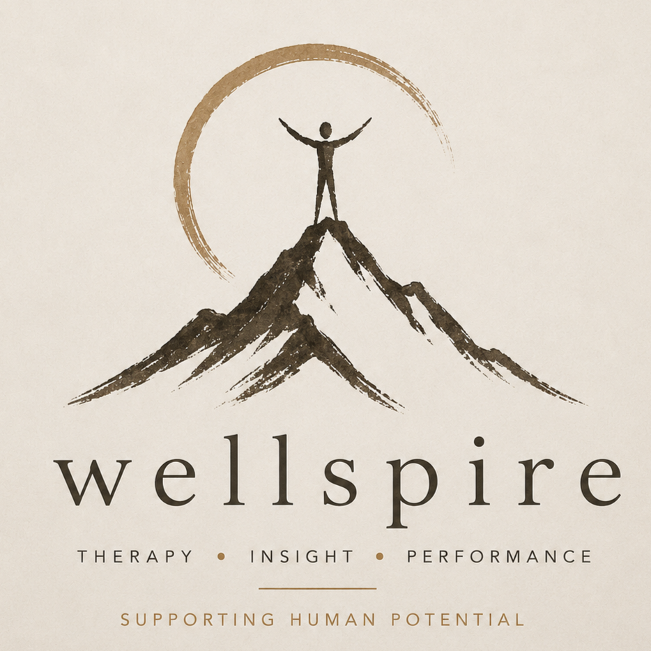 Logo for Wellspire featuring a stylized mountain with a person standing on the peak with arms outstretched, a half-circle sun or moon behind, and text saying 'wellspire' with the words 'therapy, insight, performance' and 'supporting human potential'.