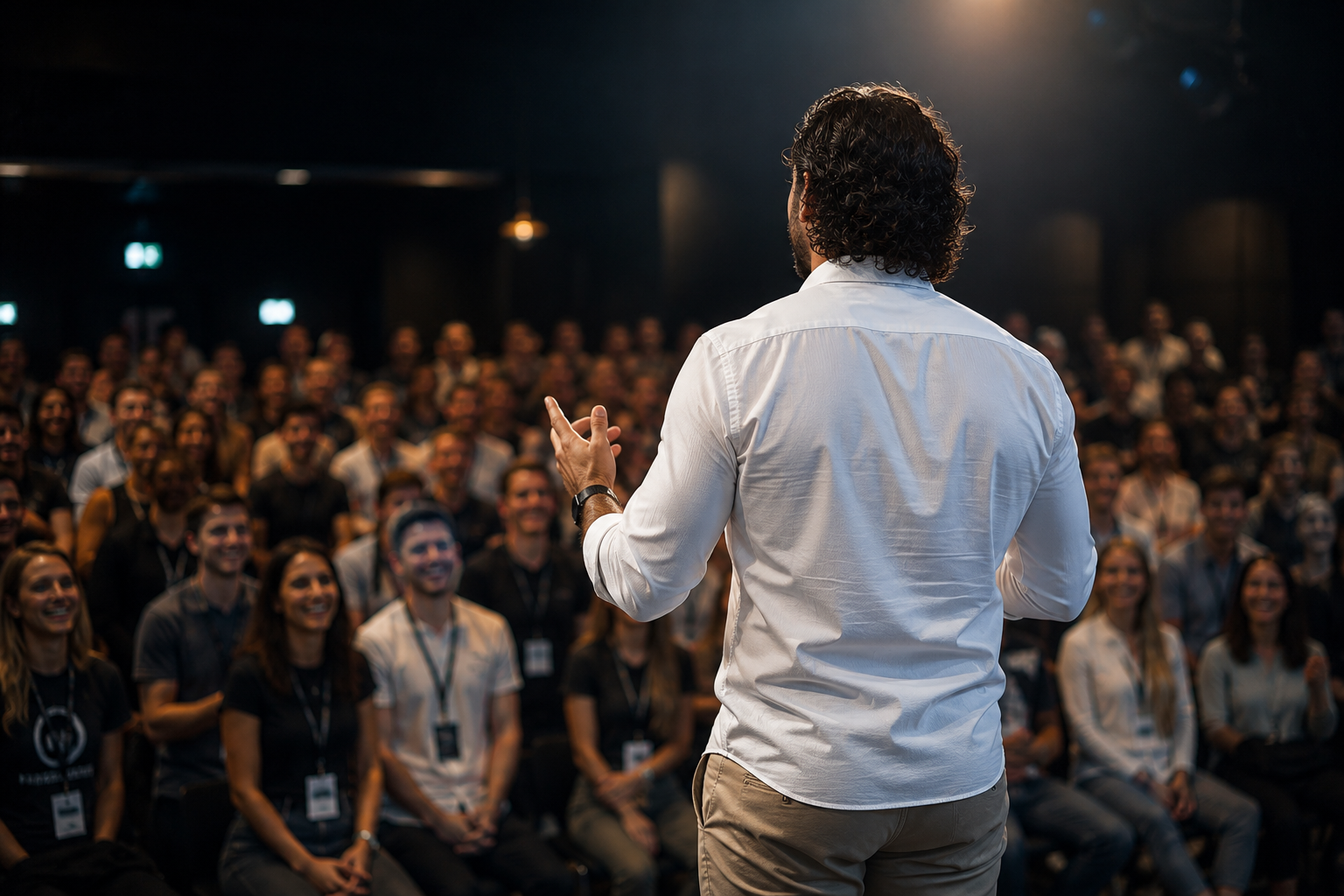 A man in a white shirt giving a presentation to a large, attentive audience in a dark conference room.