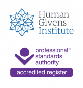 Logo of Human Givens Institute and Professional Standards Authority with a purple 'accredited register' badge.