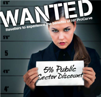 Woman holding a sign that says '5% Public Sector Discount' standing in front of a wanted poster background.