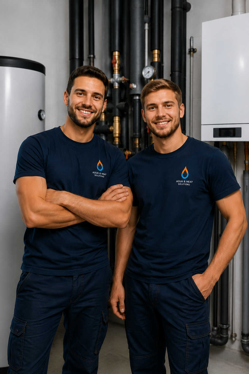 Zwei männliche Techniker stehen vor einer Heizungsanlage, tragen dunkelblaue T-Shirts mit Logo und haben ein Lächeln auf dem Gesicht.