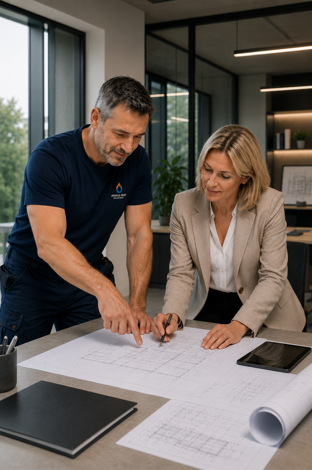 Zwei Architekten diskutieren Baupläne in einem modernen Büro.