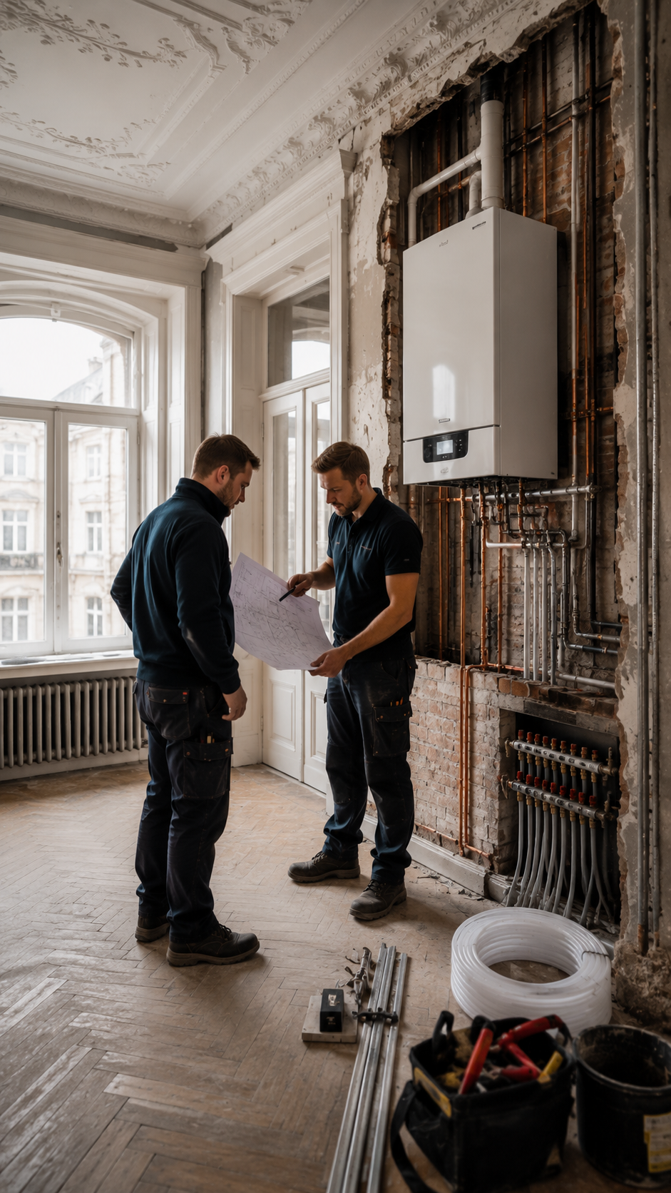 Zwei Männer bei einer Renovierungsarbeit in einem Raum mit großen Fenstern, die eine Heizung und eine Wand mit Rohrleitungen und einem modernen Heizungsgerät zeigen, betrachten technische Pläne.