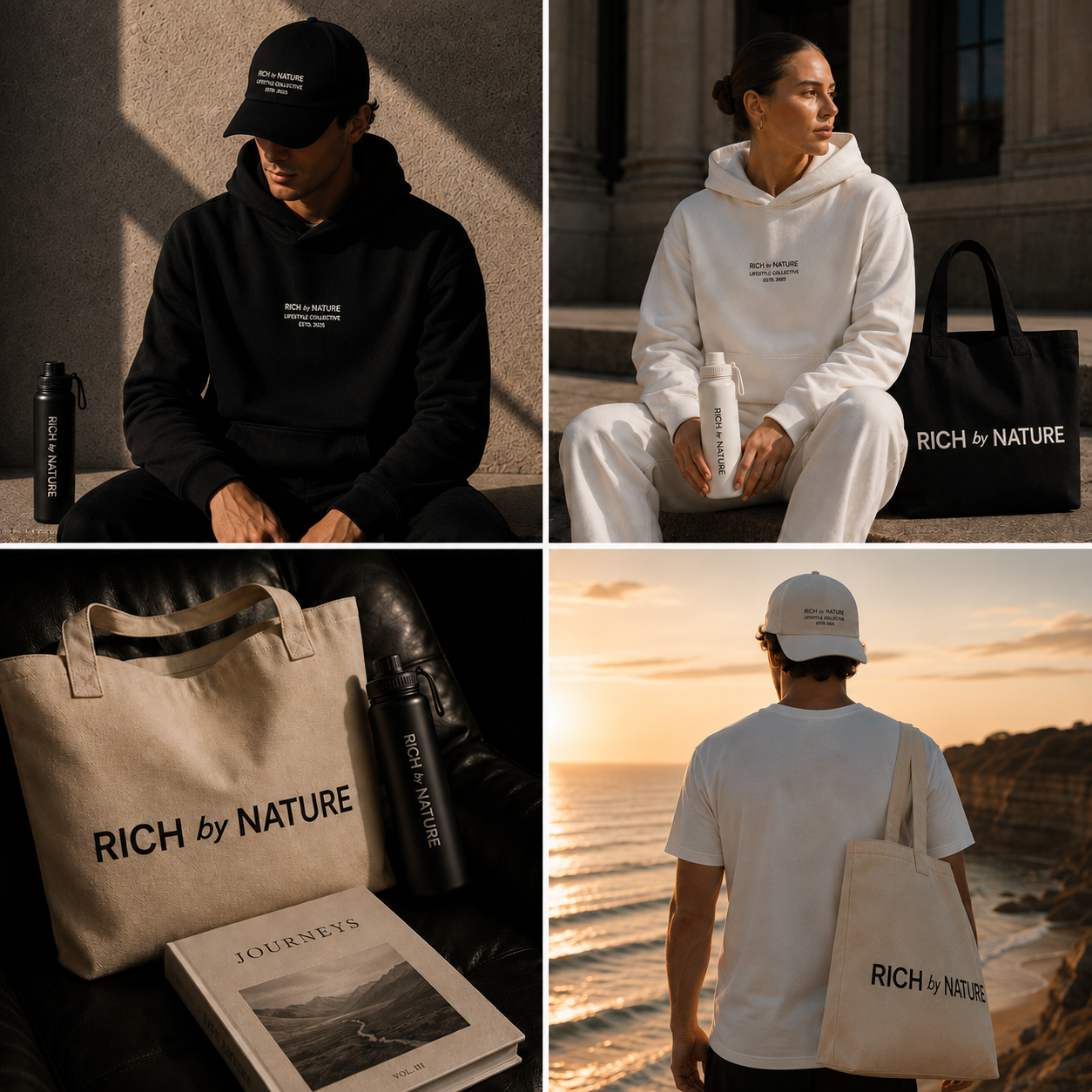 Personer med klær og tilbehør med teksten "RICH by NATURE", inklusive vannflasker, bagasje og en cap, under solnedgang ved stranden.