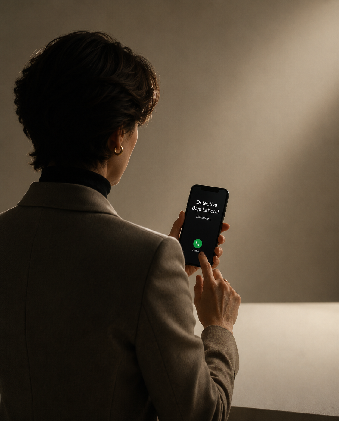 A woman in a beige blazer and black turtleneck holding a smartphone with an incoming call from 'Detective Baja Laboral,' while sitting at a table.