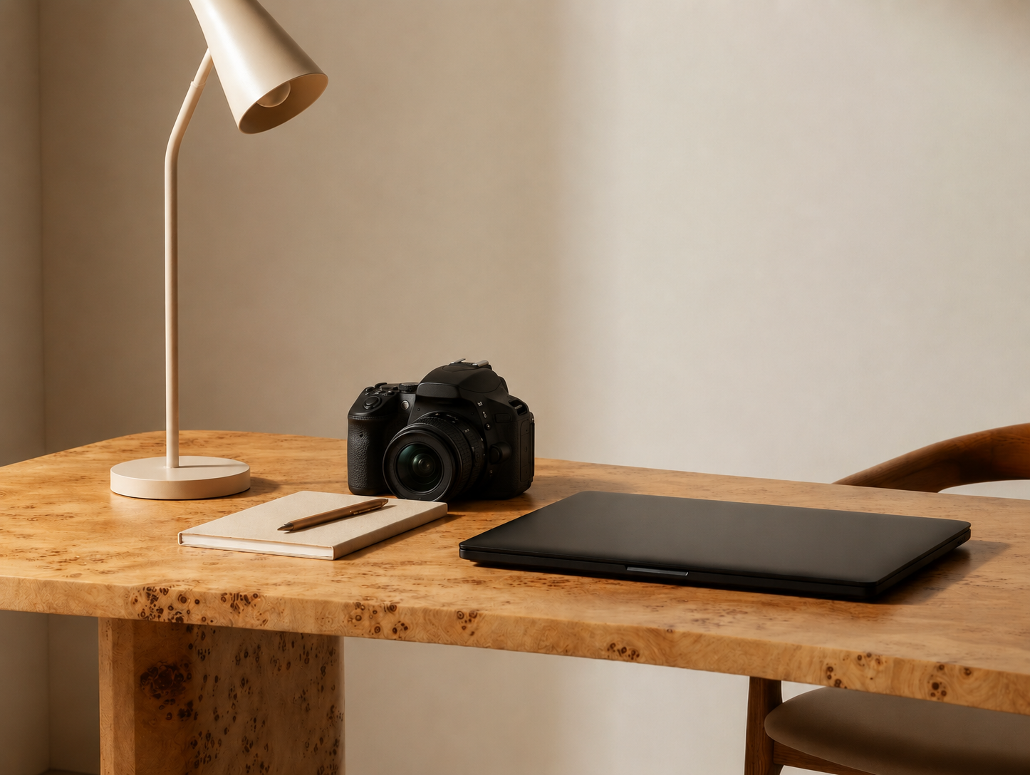 Wooden desk with a white desk lamp, a black camera, a closed laptop, a notebook, and a pen, against a plain beige wall.
