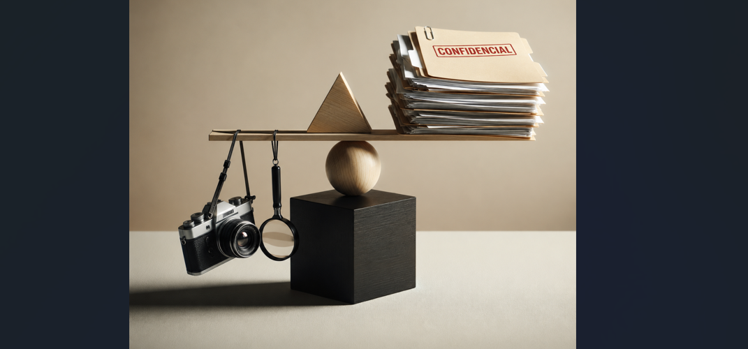 Artistic arrangement of an old camera, magnifying glass, and a stack of files labeled confidentiality on a balance, with a wooden geometric shape and a black cube as supports.