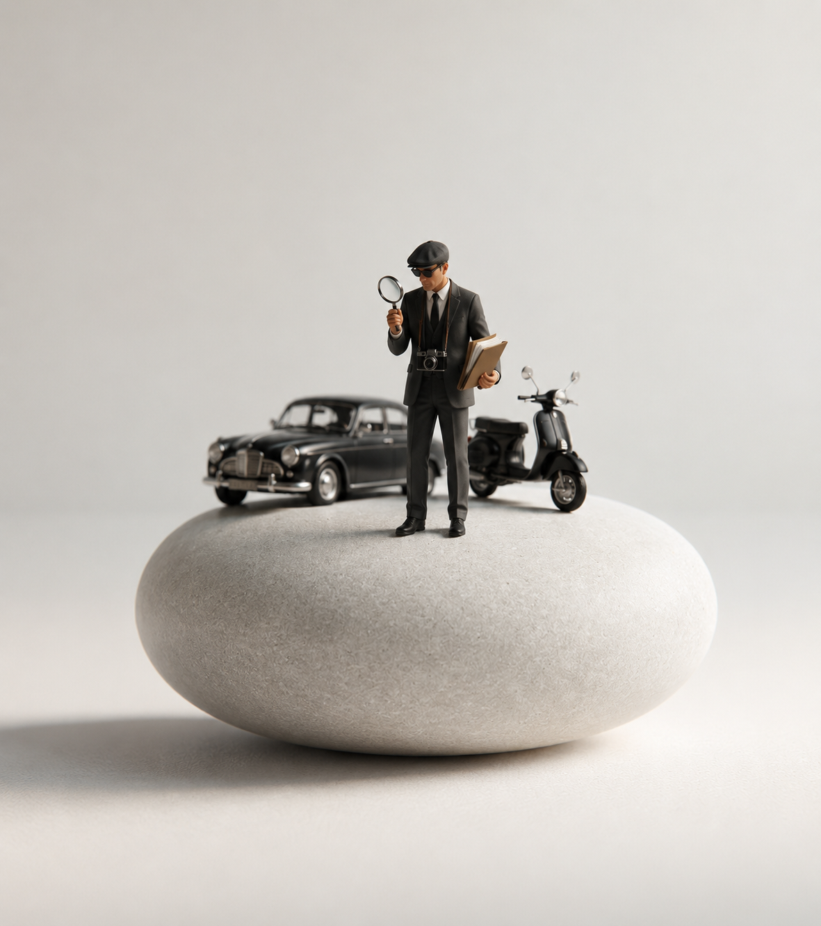 Miniature spy figure in a suit with a magnifying glass, camera, clipboard, vintage car, and scooter on a smooth round stone