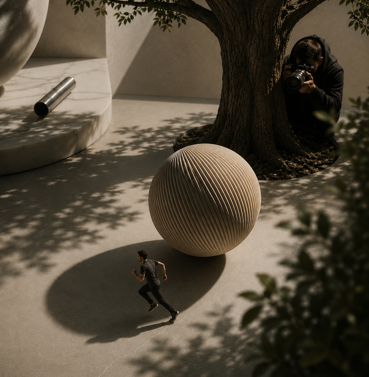 A man running on a light-colored, textured surface with a large, round, ribbed beige sculpture in the background. Shadow patterns of leaves cast across the scene, with a photographer crouched behind a tree taking pictures.