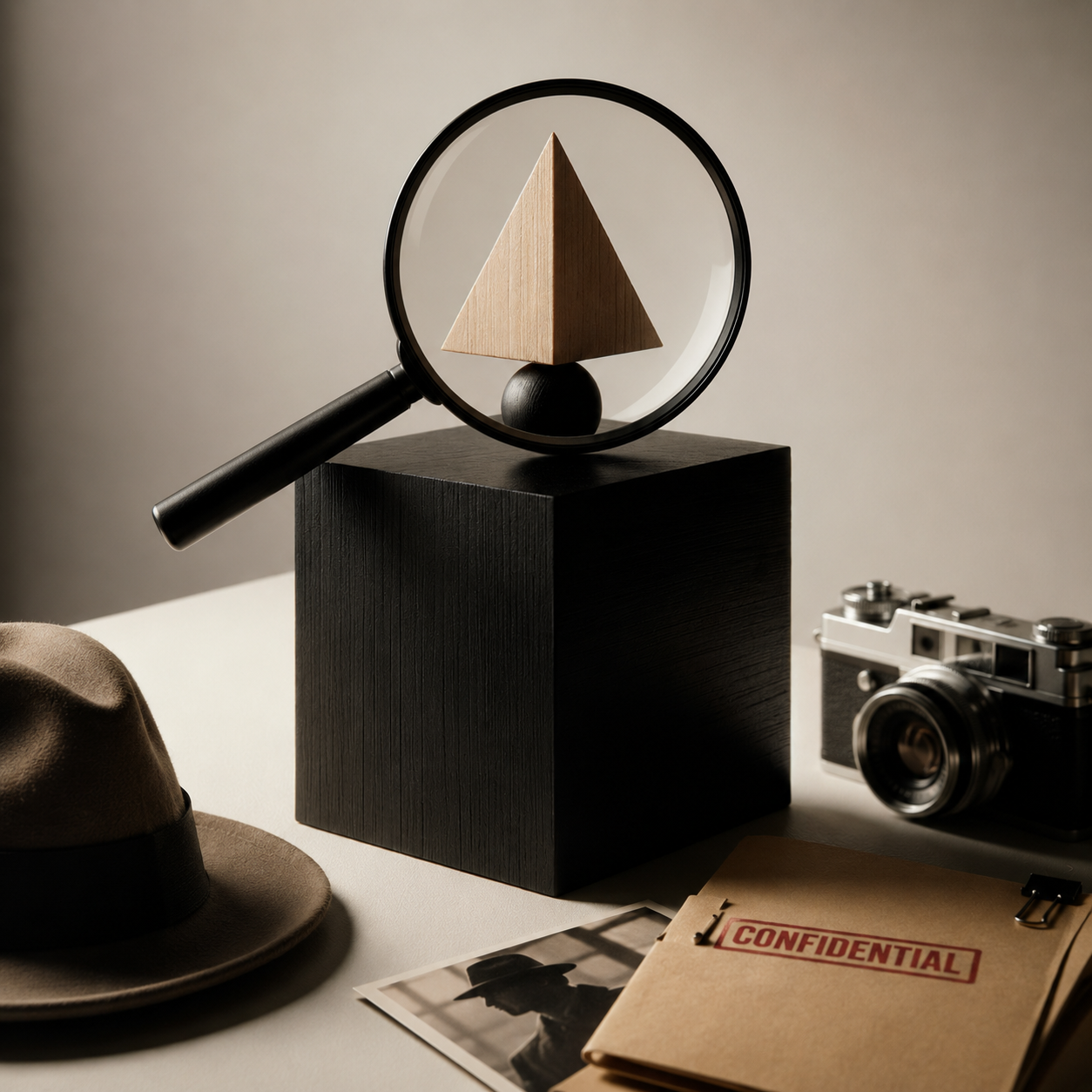 A desk with a magnifying glass, a wooden pyramid on a black sphere inside the magnifying glass, a camera, a hat, a confidential file, and a black-and-white photo.