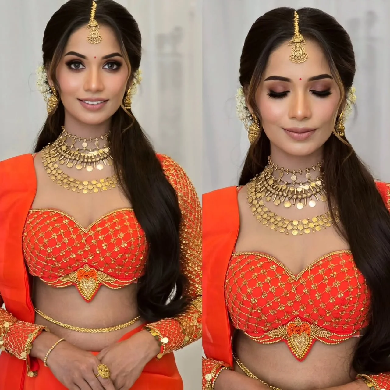 A woman dressed in traditional Indian attire wearing vibrant orange and gold jewelry, with long black hair, and a calm expression, posed in two different angles.