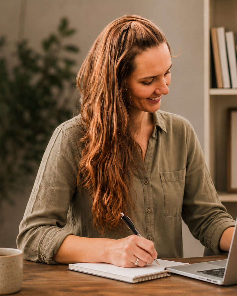 A woman with long, wavy red hair is sitting at a desk, smiling and writing in a notepad with a pen. She is wearing a green button-up shirt and using a silver laptop. There is a cup on the desk and a bookshelf in the background.