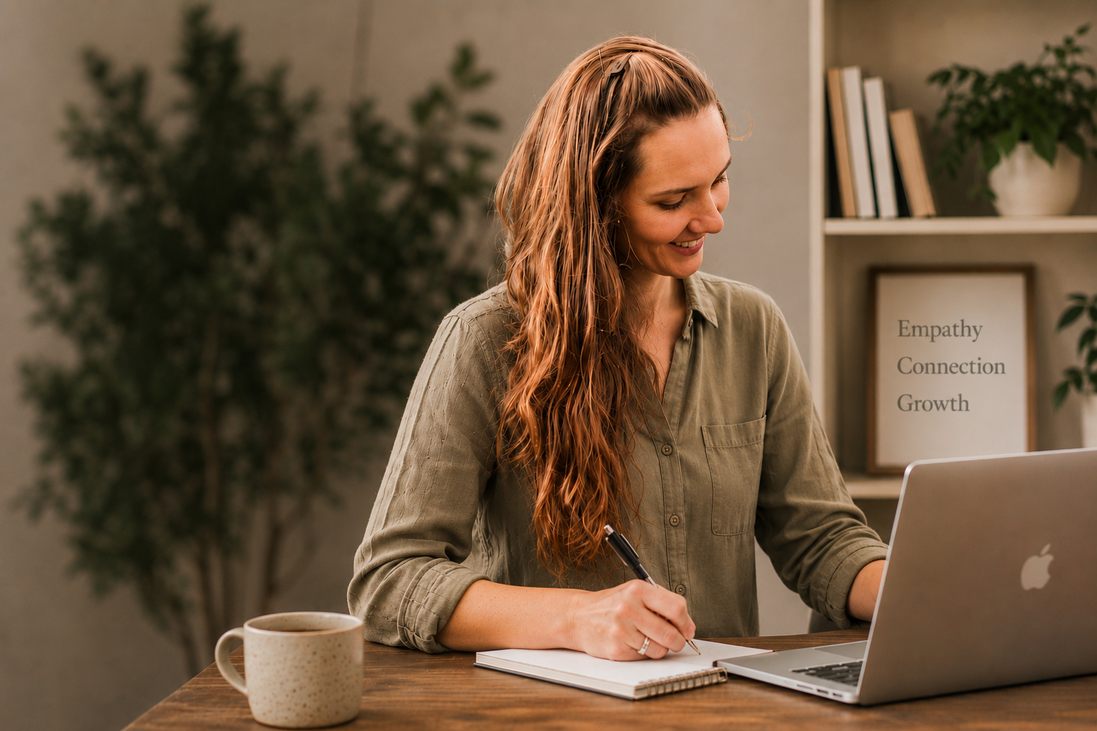 A woman with long, wavy red hair sitting at a wooden desk, writing in a notebook while working on a laptop. There is a coffee mug on the desk, and a bookshelf with a framed sign that reads "Empathy, Connection, Growth" in the background.